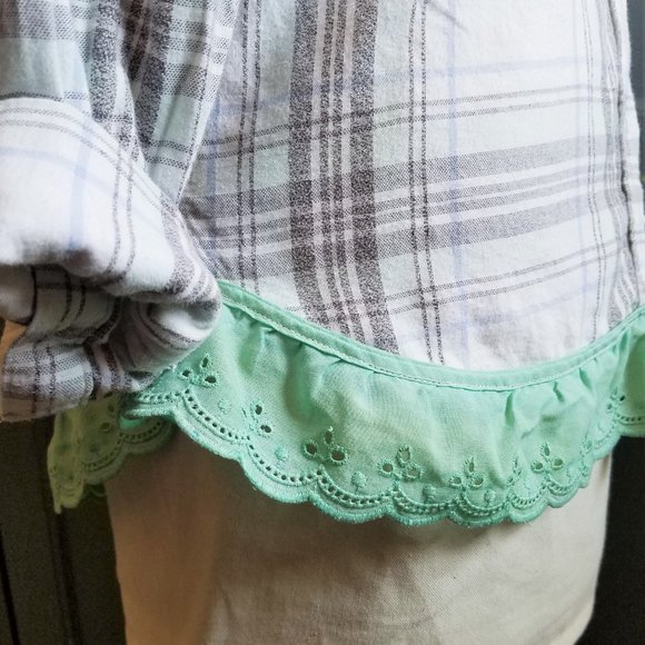 Upcycled Plaid Shirt Lace Eyelet Lace Green Lace OOAK - Picture 5 of 6